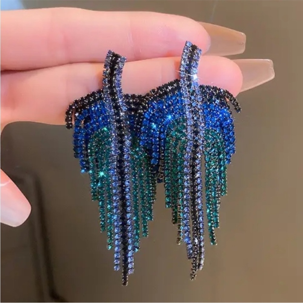 Tassel sparkly Bling peacock Blue & Green Leaf Crystal Waterfall Earrings
